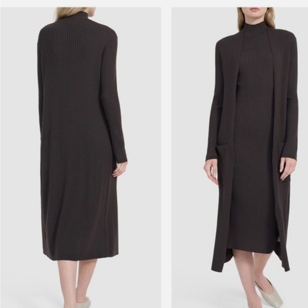 NWT Theory P/XS brown ribbed maxi open cardigan stretch wool mocha